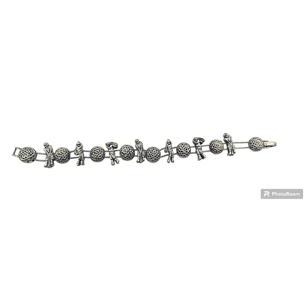 Vtg Golf Charm Bracelet Double Slider Chain 7.5" Golfers and Balls M7
